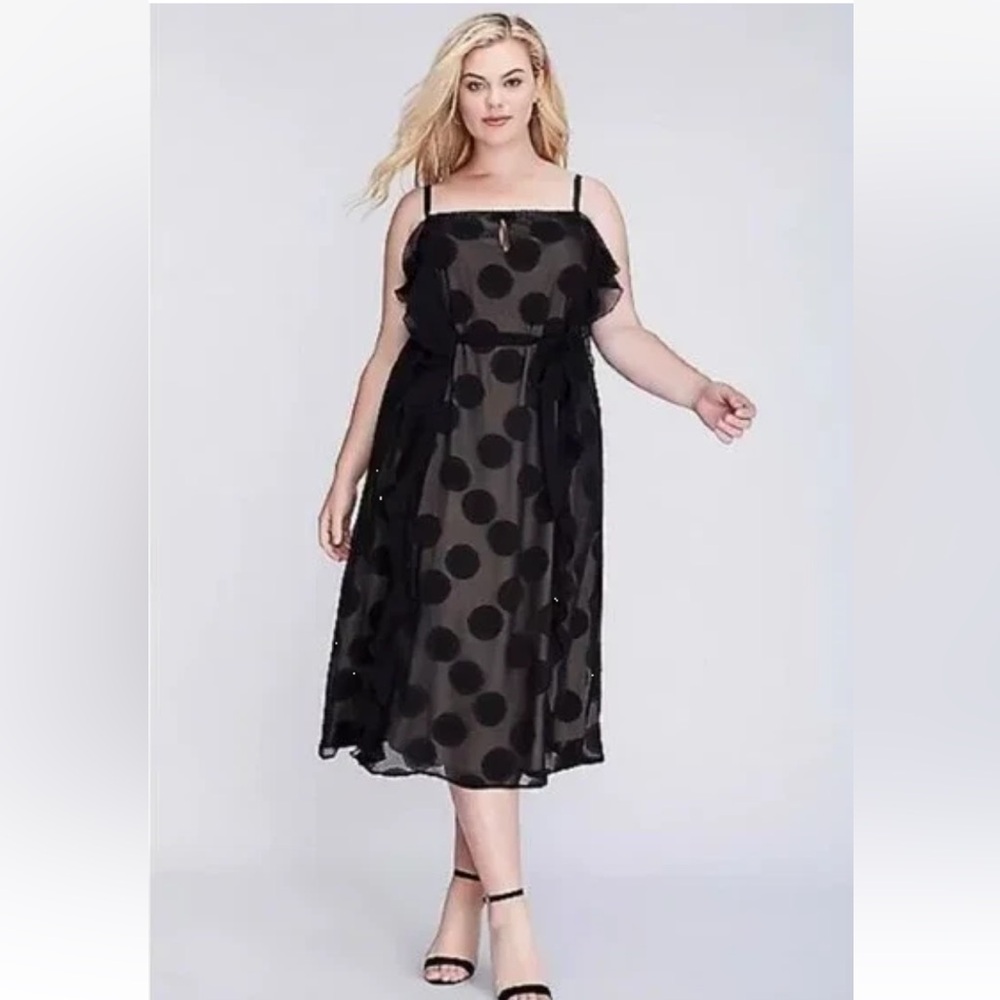New Lane Bryant Black Ruffle Polka Dot Midi Dress size 26/28